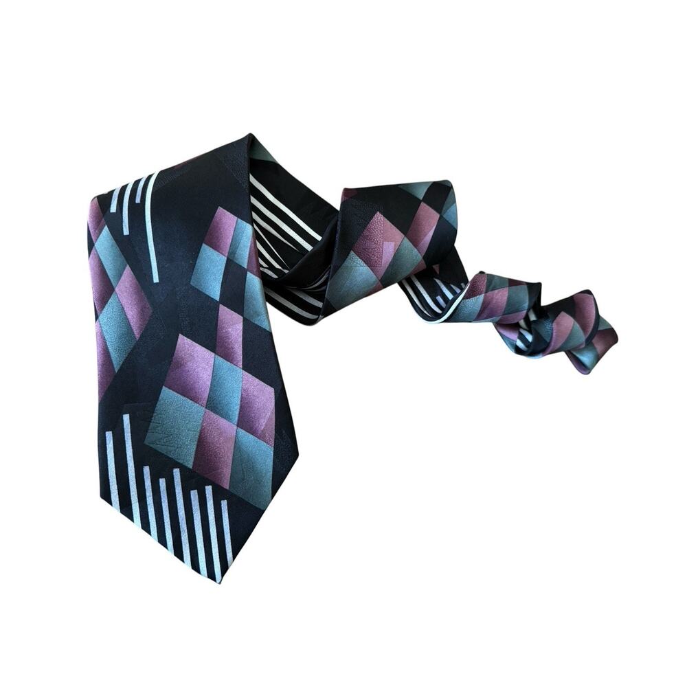 J.T. Beckett Silk Long Tall Tie Geometric Abstract‎ Black Teal Purple Striped